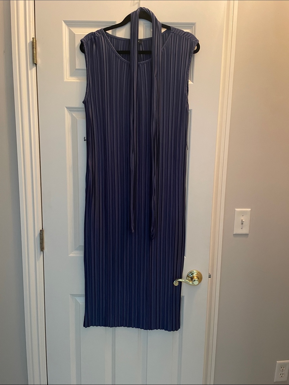 DKNY Navy Pleated Midi Dress with Neck Tie